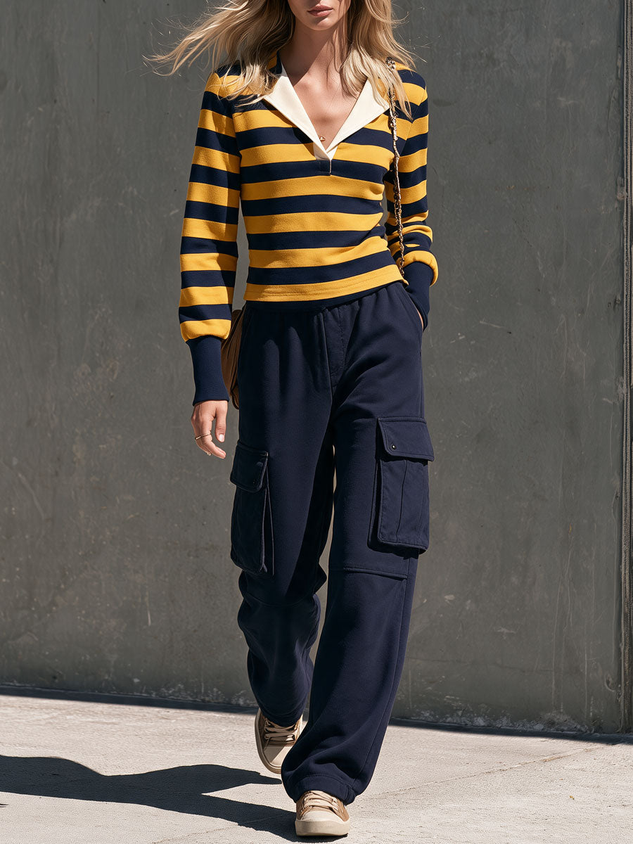 Casual Retro Sporty Yellow Striped T-shirt And Blue Cotton Cargo Pants Set