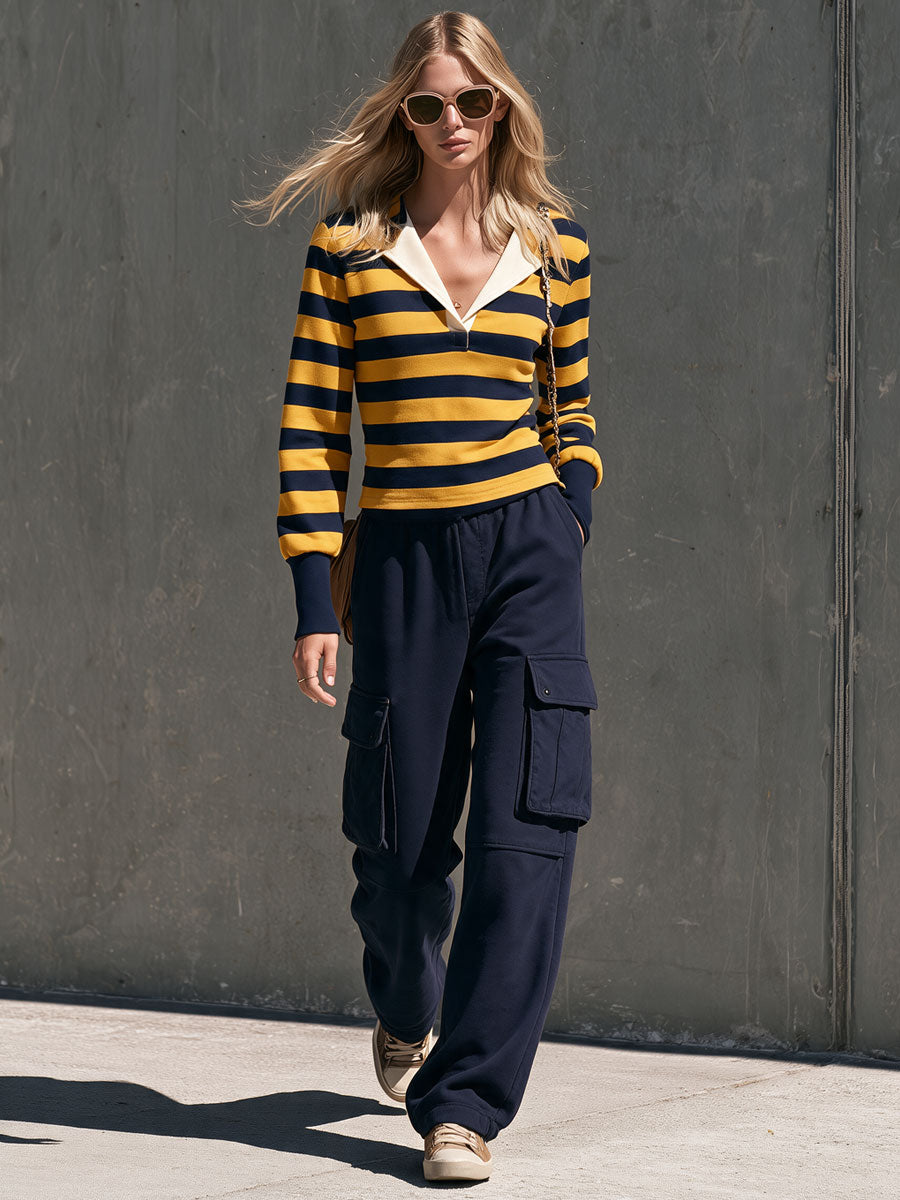 Casual Retro Sporty Yellow Striped T-shirt And Blue Cotton Cargo Pants Set