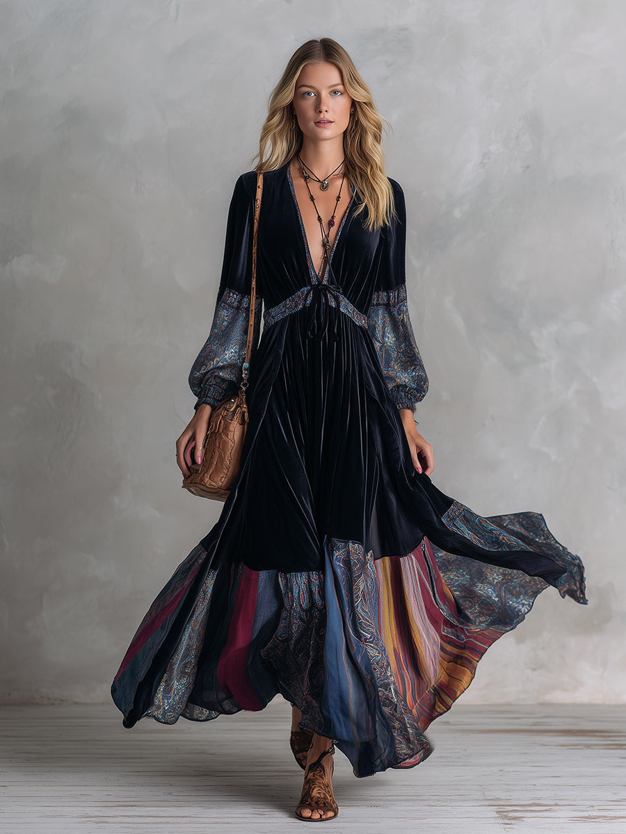 Vintage-style Premium Printed-trim Velvet V-neck Maxi Dress