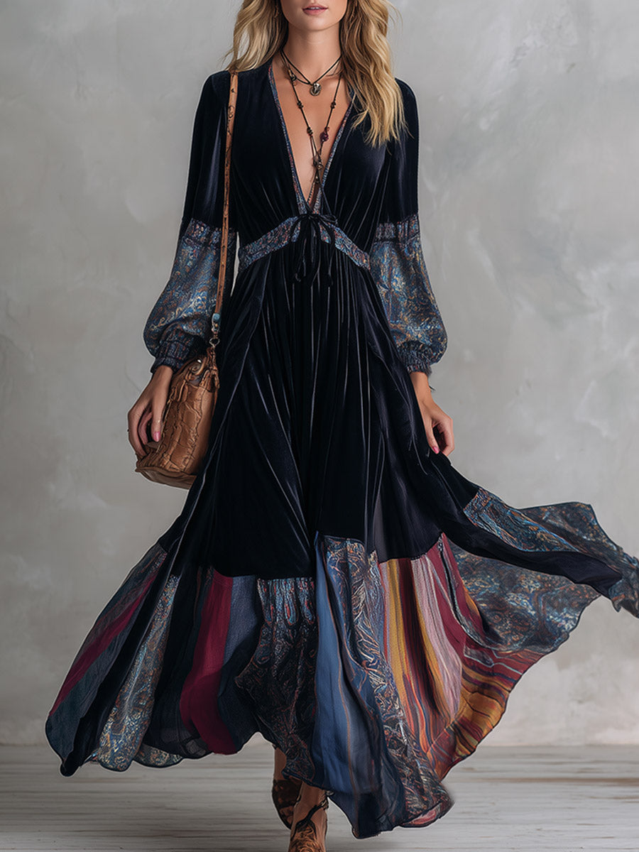 Vintage-style Premium Printed-trim Velvet V-neck Maxi Dress