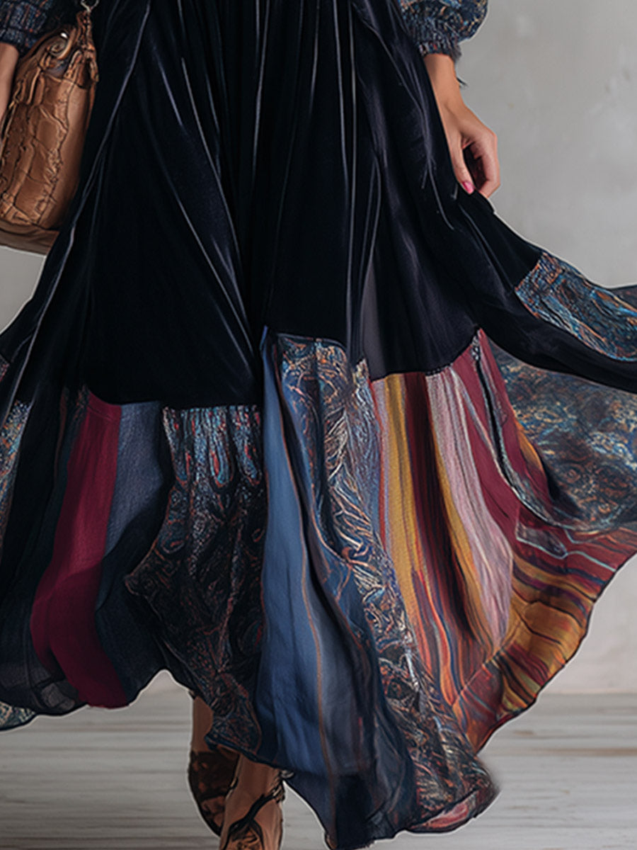 Vintage-style Premium Printed-trim Velvet V-neck Maxi Dress