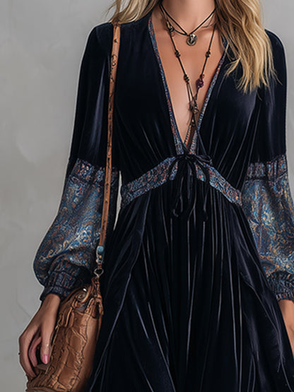 Vintage-style Premium Printed-trim Velvet V-neck Maxi Dress