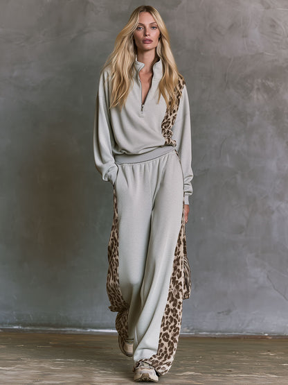 Casual Sporty Retro Brown Suede Patchwork Gray Cotton Top And Pants Set