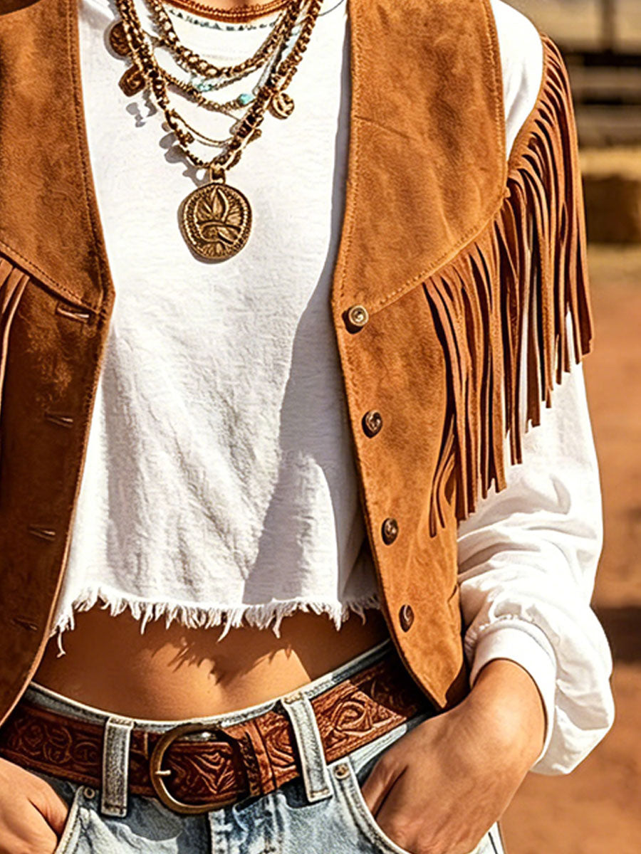 Western Retro Tassel Caramel Faux Suede Vest