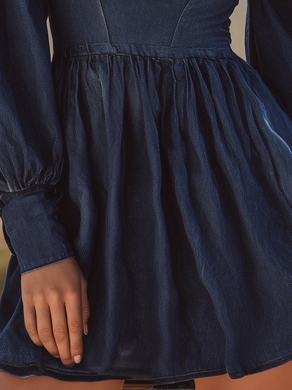 Retro Western Square-neck Puff-sleeve Fitted Puffball-hem Denim Dress