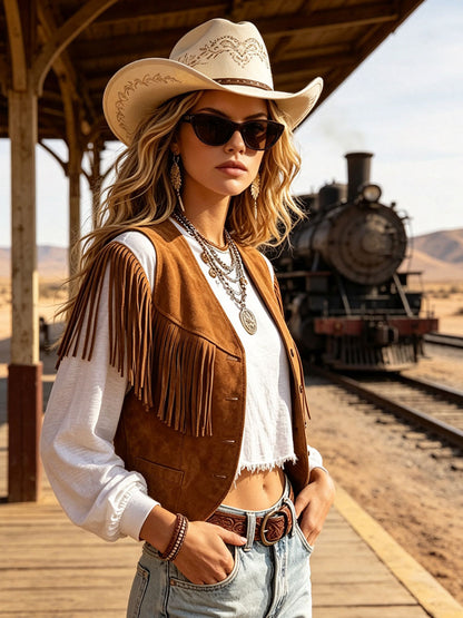 Western Retro Tassel Caramel Faux Suede Vest