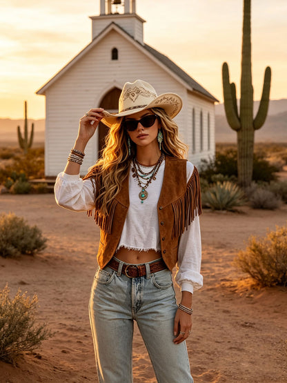Western Retro Tassel Caramel Faux Suede Vest