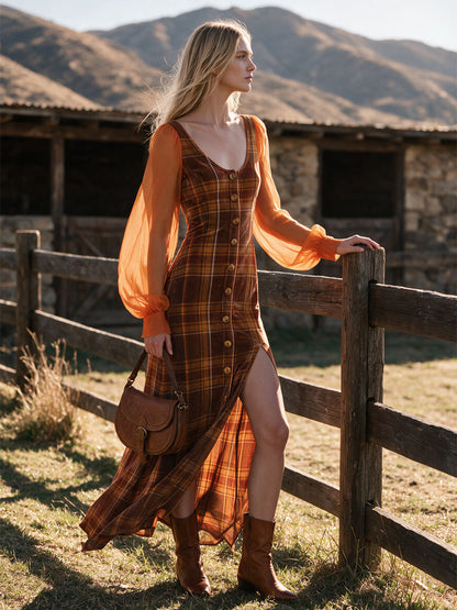 Retro Caramel Orange Chiffon Long-sleeved Plaid Velvet Maxi Dress