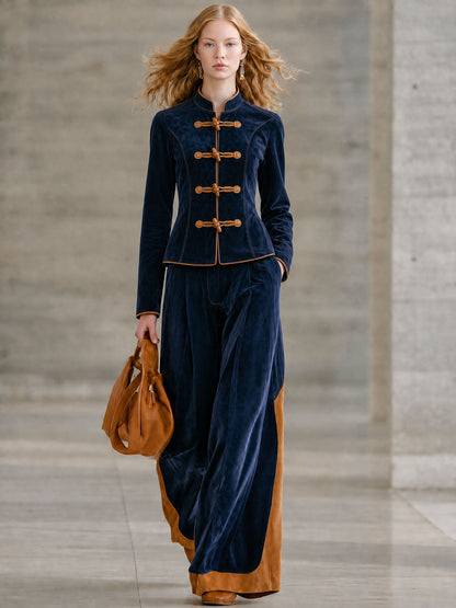 Elegant Retro Navy Blue Faux Suede Jacket