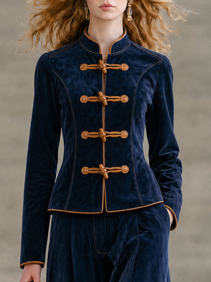 Elegant Retro Navy Blue Faux Suede Jacket