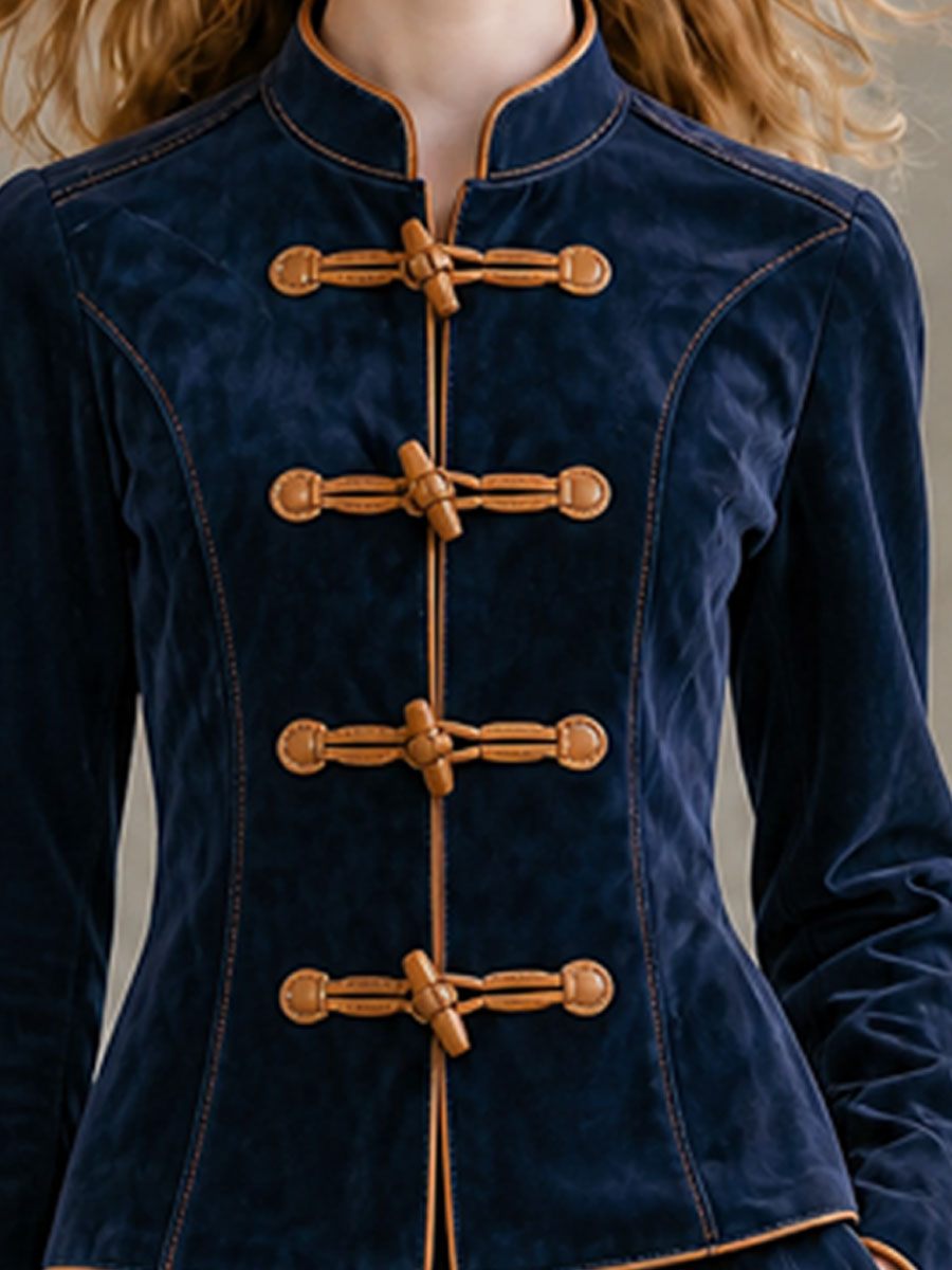 Elegant Retro Navy Blue Faux Suede Jacket
