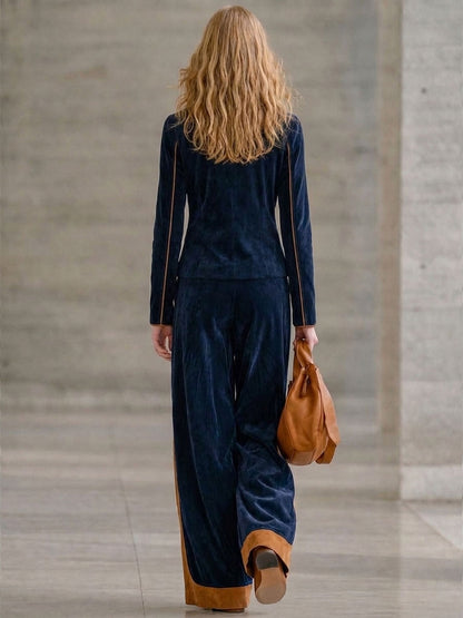 Elegant Retro Navy Blue Faux Suede Jacket