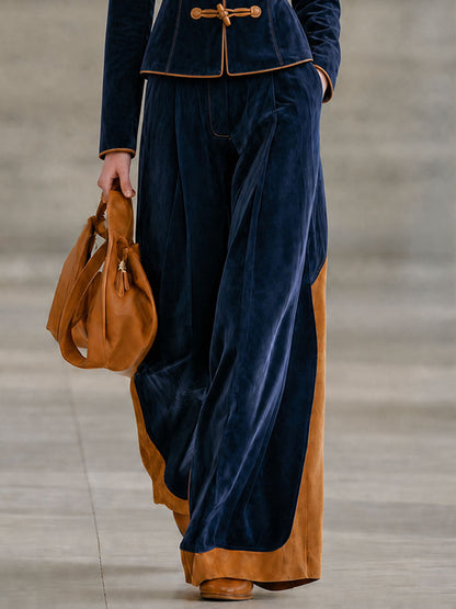 Elegant Retro Camel And Navy Blue Faux Suede Wide-leg Pants