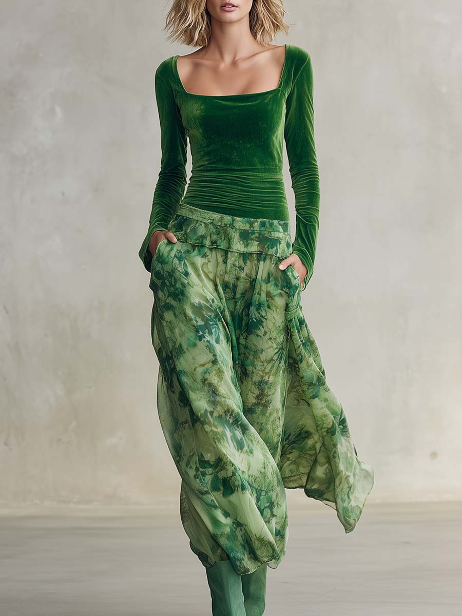 Boho Green Velvet Chiffon Floral-Print Square-Neck Long-Sleeve Bubble-Hem Maxi Dress