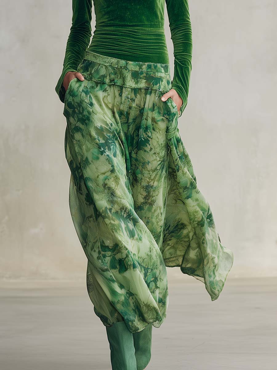 Boho Green Velvet Chiffon Floral-Print Square-Neck Long-Sleeve Bubble-Hem Maxi Dress
