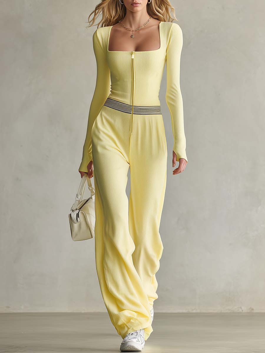 Butter Yellow Ribbed Knit Square-Neck Zip-Front Long-Sleeve Wide-Leg Jumpsuit