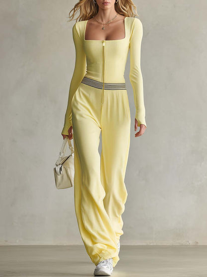 Butter Yellow Ribbed Knit Square-Neck Zip-Front Long-Sleeve Wide-Leg Jumpsuit