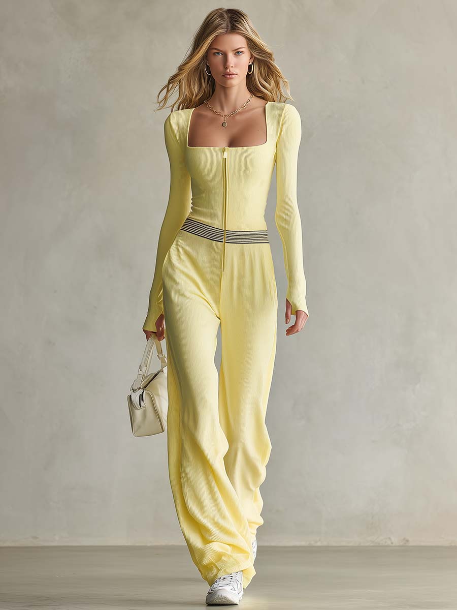 Butter Yellow Ribbed Knit Square-Neck Zip-Front Long-Sleeve Wide-Leg Jumpsuit