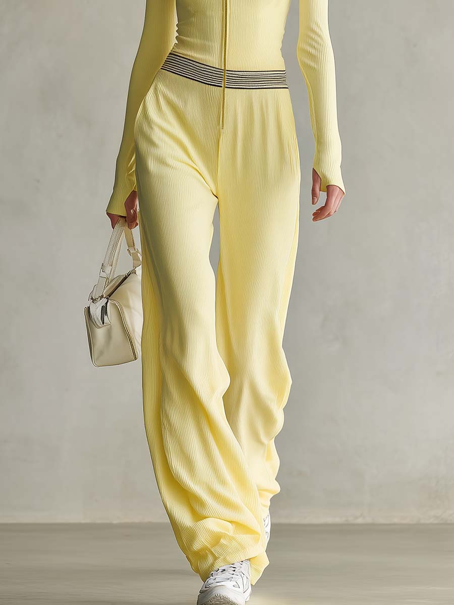 Butter Yellow Ribbed Knit Square-Neck Zip-Front Long-Sleeve Wide-Leg Jumpsuit