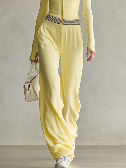 Butter Yellow Ribbed Knit Square-Neck Zip-Front Long-Sleeve Wide-Leg Jumpsuit
