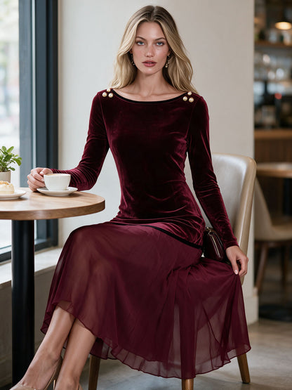 Retro Elegant Burgundy Long-sleeved Velvet Chiffon Midi Dress