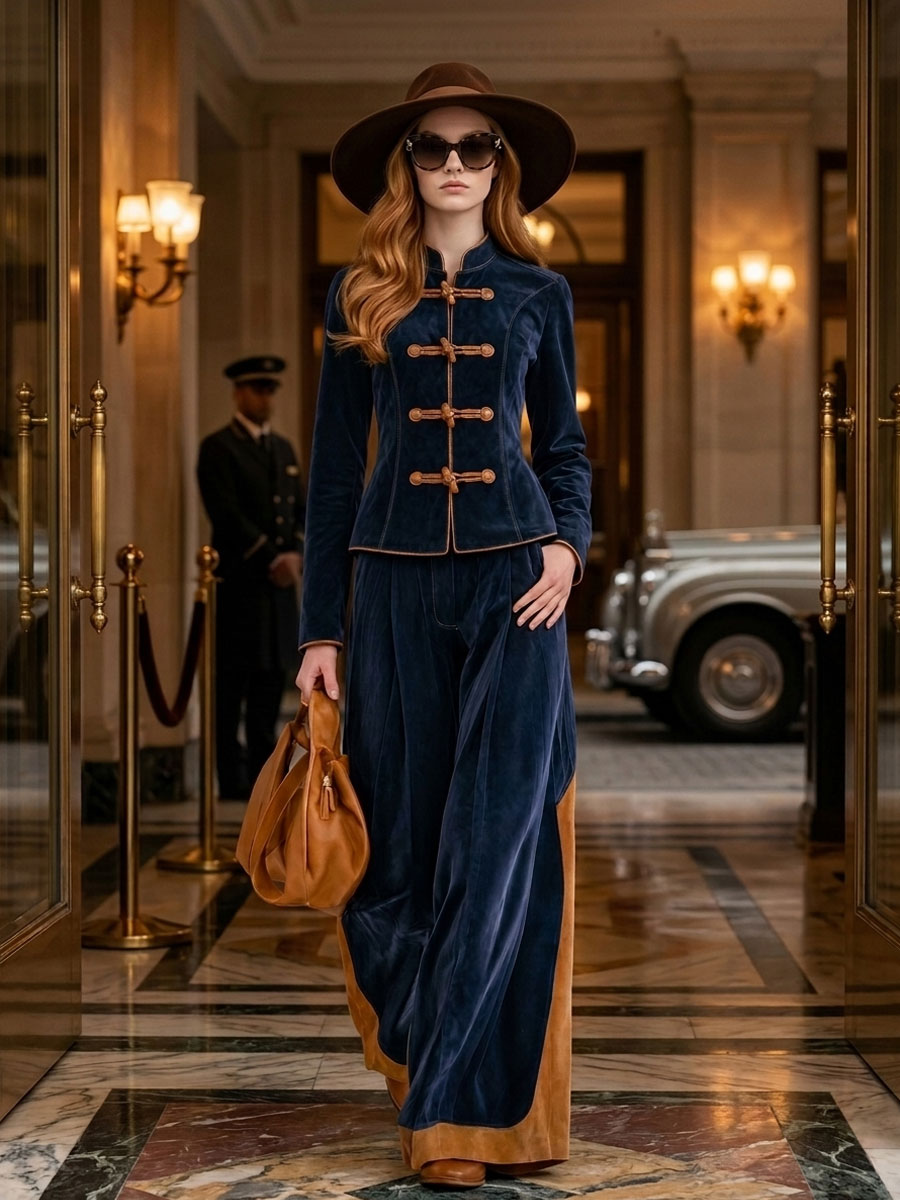 Elegant Retro Navy Blue Faux Suede Jacket