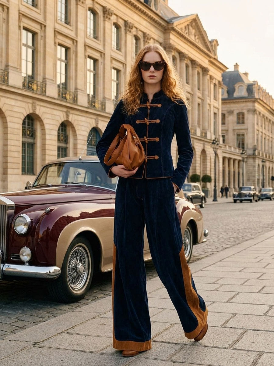 Elegant Retro Navy Blue Faux Suede Jacket