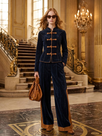 Elegant Retro Navy Blue Faux Suede Jacket