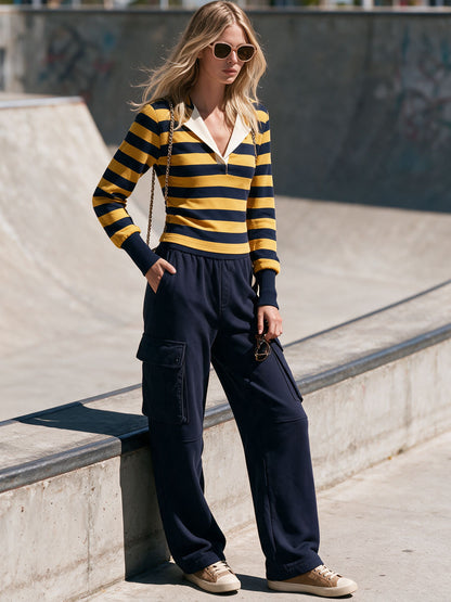 Casual Retro Sporty Yellow Striped T-shirt And Blue Cotton Cargo Pants Set