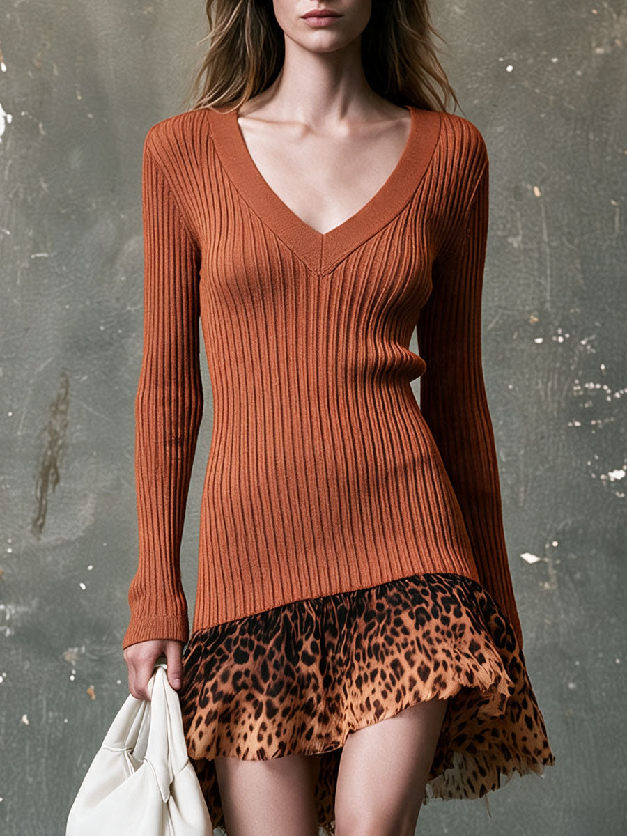 Retro Leopard Print Ruffled Caramel Orange V-neck Long-sleeved Knit Mini Dress