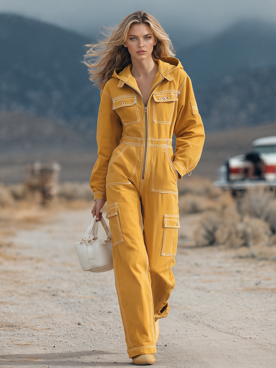 Retro Workwear Hooded Contrast-color Topstitch Zip Big-pocket Wide-leg Jumpsuit