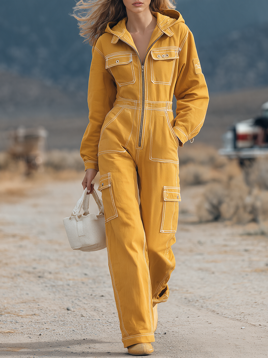 Retro Workwear Hooded Contrast-color Topstitch Zip Big-pocket Wide-leg Jumpsuit