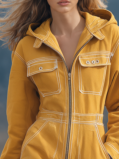 Retro Workwear Hooded Contrast-color Topstitch Zip Big-pocket Wide-leg Jumpsuit