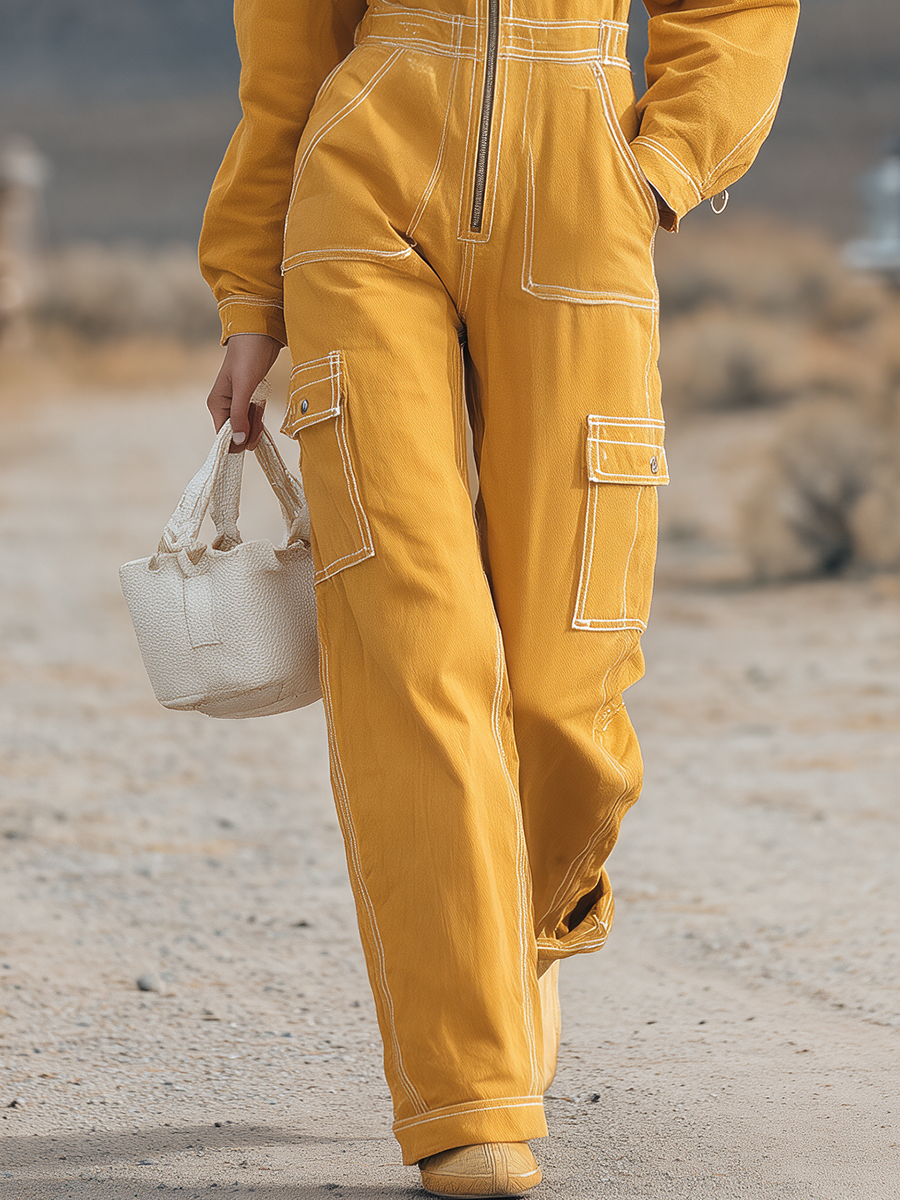 Retro Workwear Hooded Contrast-color Topstitch Zip Big-pocket Wide-leg Jumpsuit