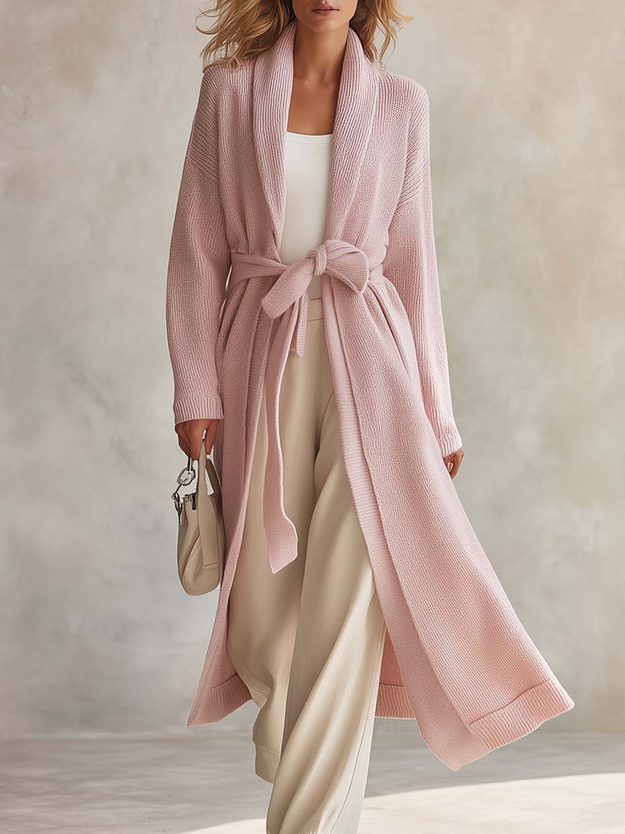 Cozy Pink Shawl-Collar Belted Open-Front Longline Duster Knit Cardigan