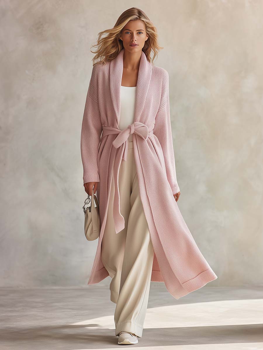 Cozy Pink Shawl-Collar Belted Open-Front Longline Duster Knit Cardigan