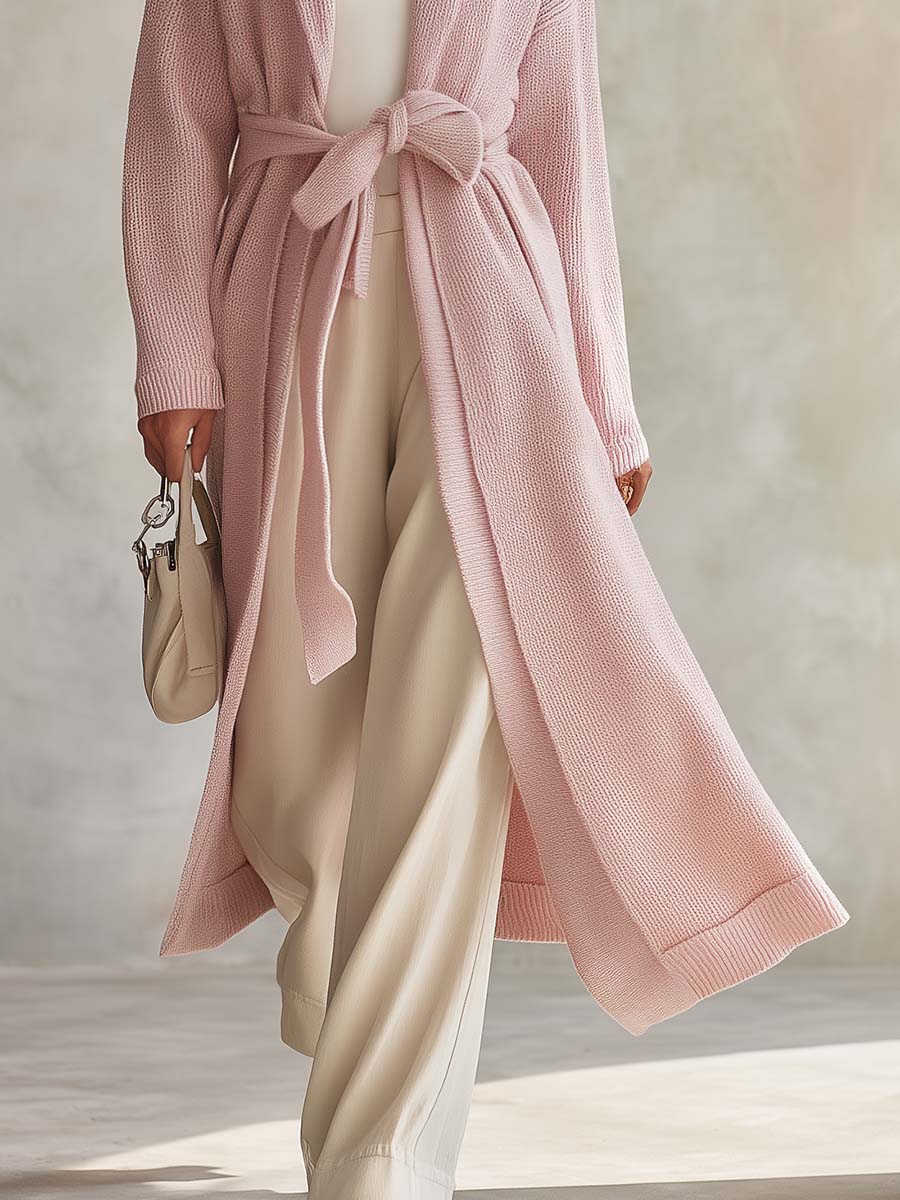 Cozy Pink Shawl-Collar Belted Open-Front Longline Duster Knit Cardigan
