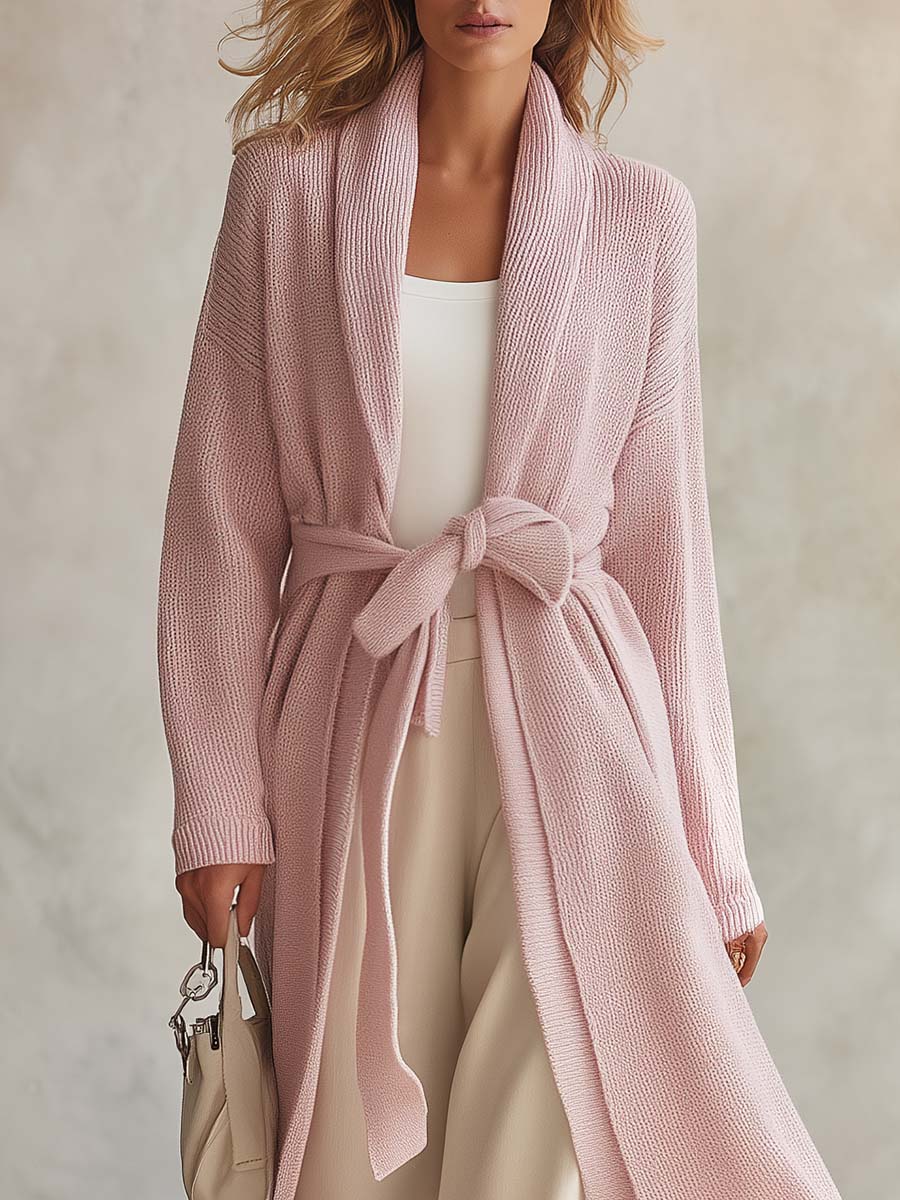 Cozy Pink Shawl-Collar Belted Open-Front Longline Duster Knit Cardigan