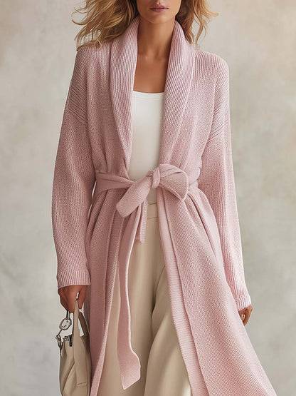 Cozy Pink Shawl-Collar Belted Open-Front Longline Duster Knit Cardigan