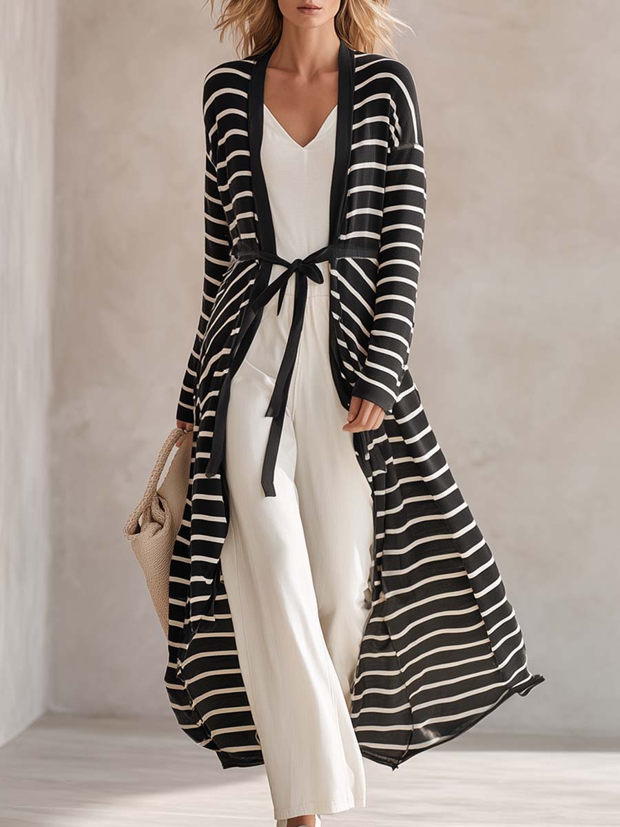 Coastal Black White Striped Shawl-Collar Belted Longline Duster Knit Cardigan