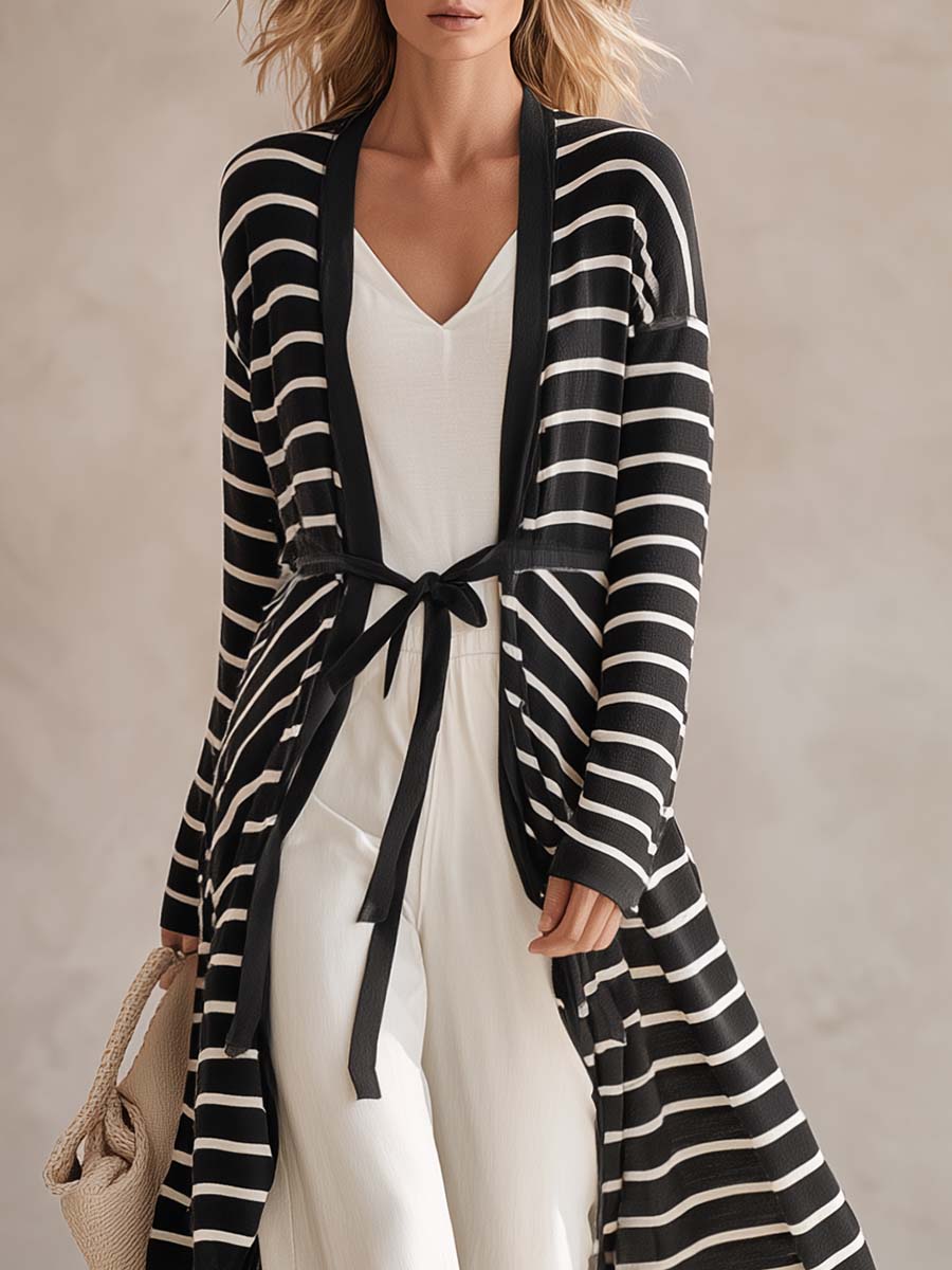 Coastal Black White Striped Shawl-Collar Belted Longline Duster Knit Cardigan