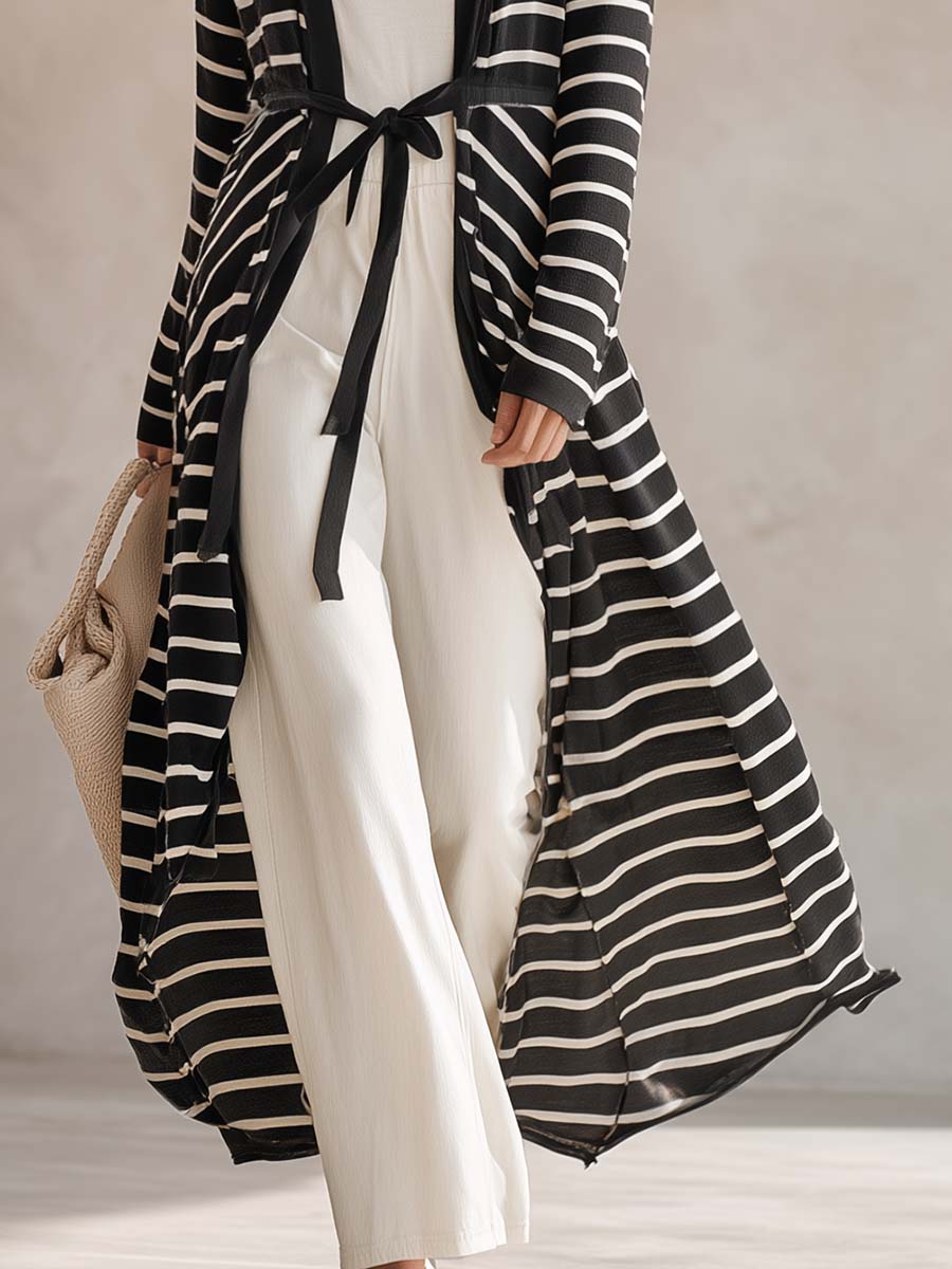Coastal Black White Striped Shawl-Collar Belted Longline Duster Knit Cardigan