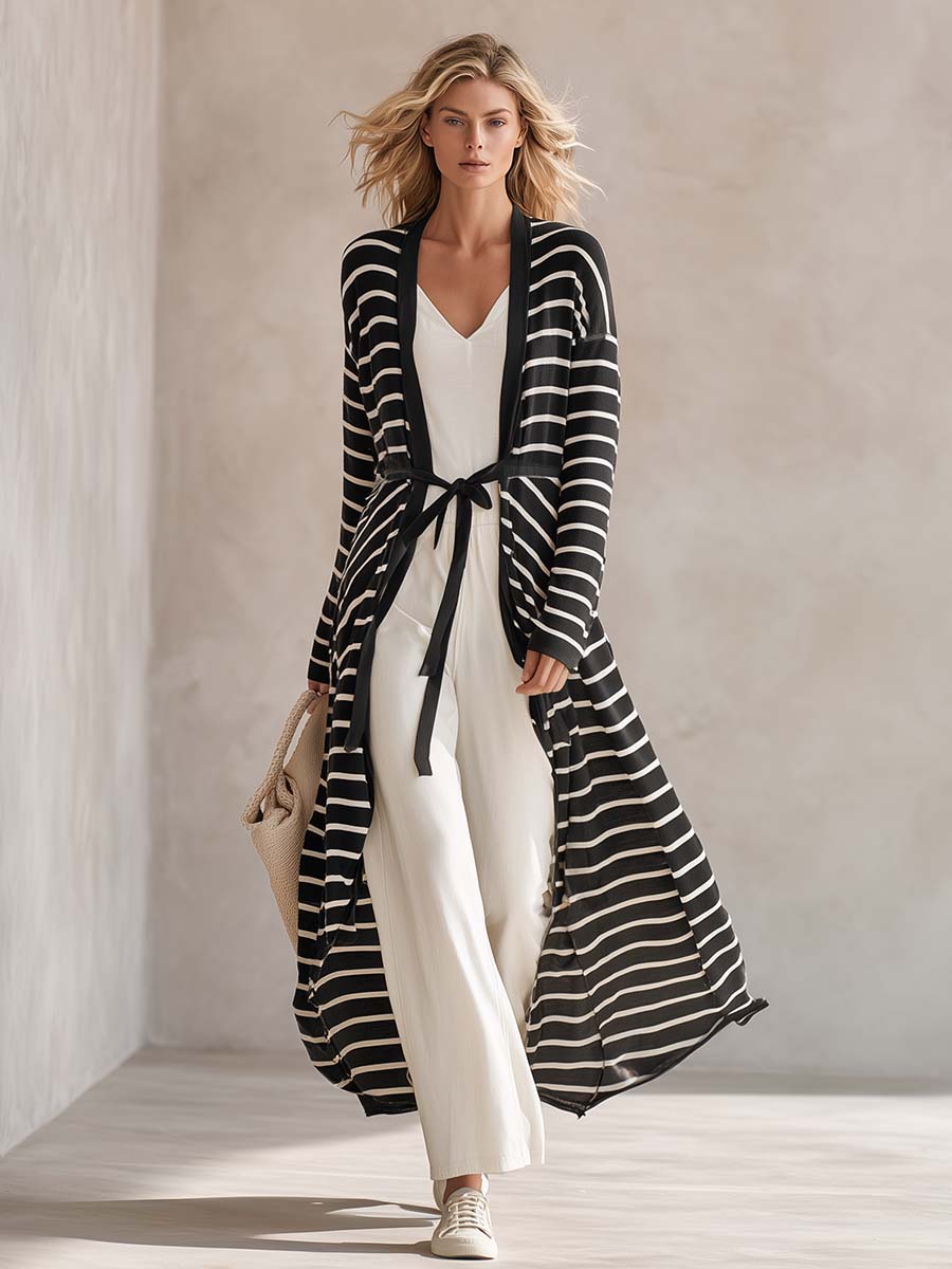 Coastal Black White Striped Shawl-Collar Belted Longline Duster Knit Cardigan