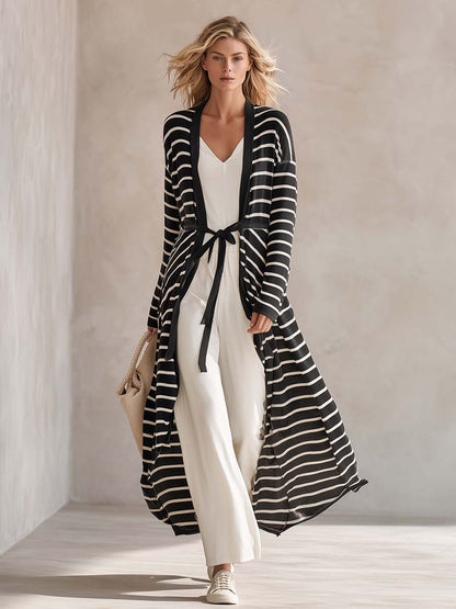Coastal Black White Striped Shawl-Collar Belted Longline Duster Knit Cardigan