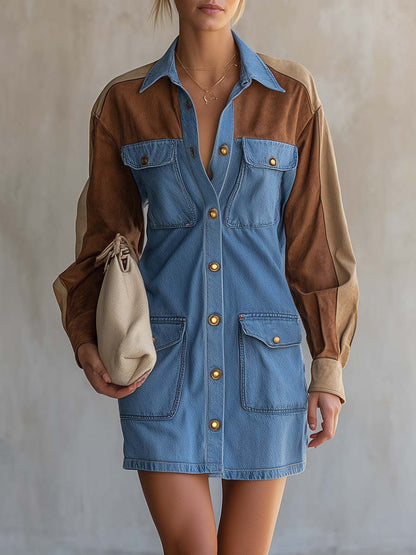 Western Denim Suede-Sleeve Color-Block Button-Front Collared Long-Sleeve Shirt Mini Dress