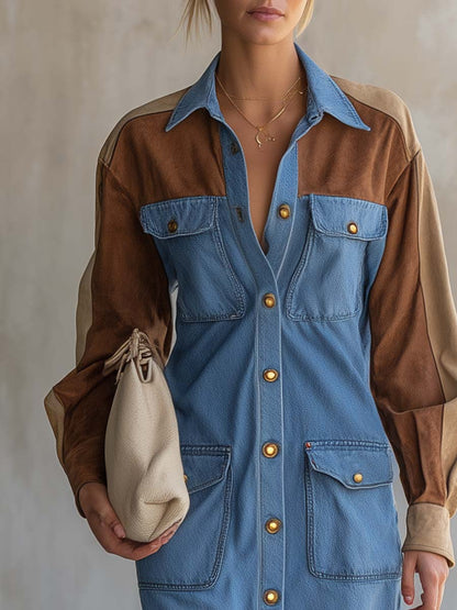 Western Denim Suede-Sleeve Color-Block Button-Front Collared Long-Sleeve Shirt Mini Dress