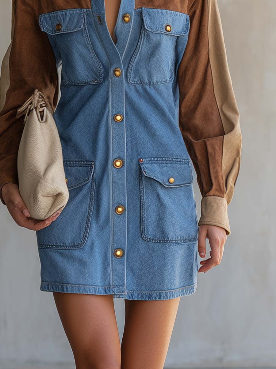 Western Denim Suede-Sleeve Color-Block Button-Front Collared Long-Sleeve Shirt Mini Dress