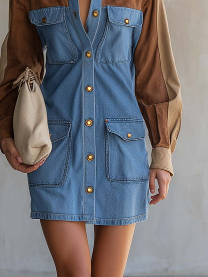 Western Denim Suede-Sleeve Color-Block Button-Front Collared Long-Sleeve Shirt Mini Dress