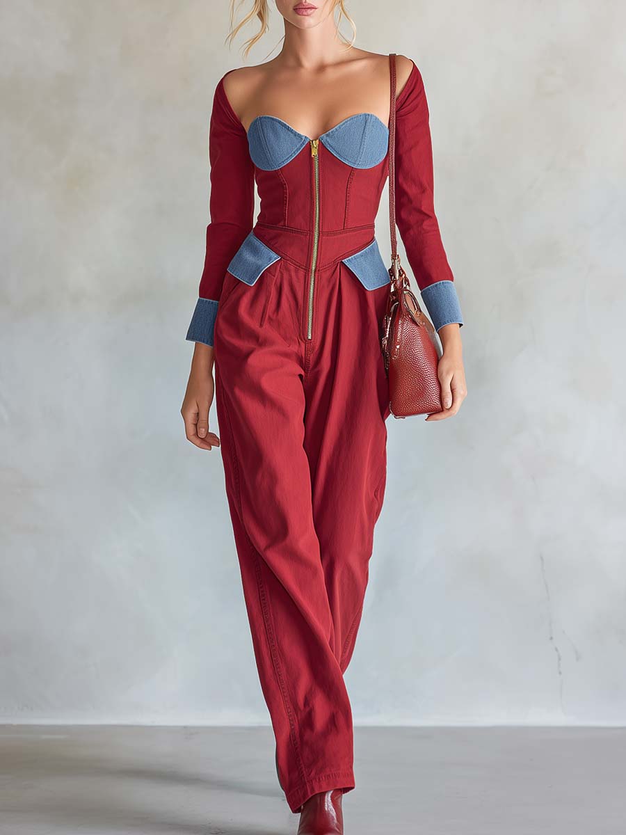 Western Red Denim Corset Off-Shoulder Zip-Front Long-Sleeve Wide-Leg Jumpsuit