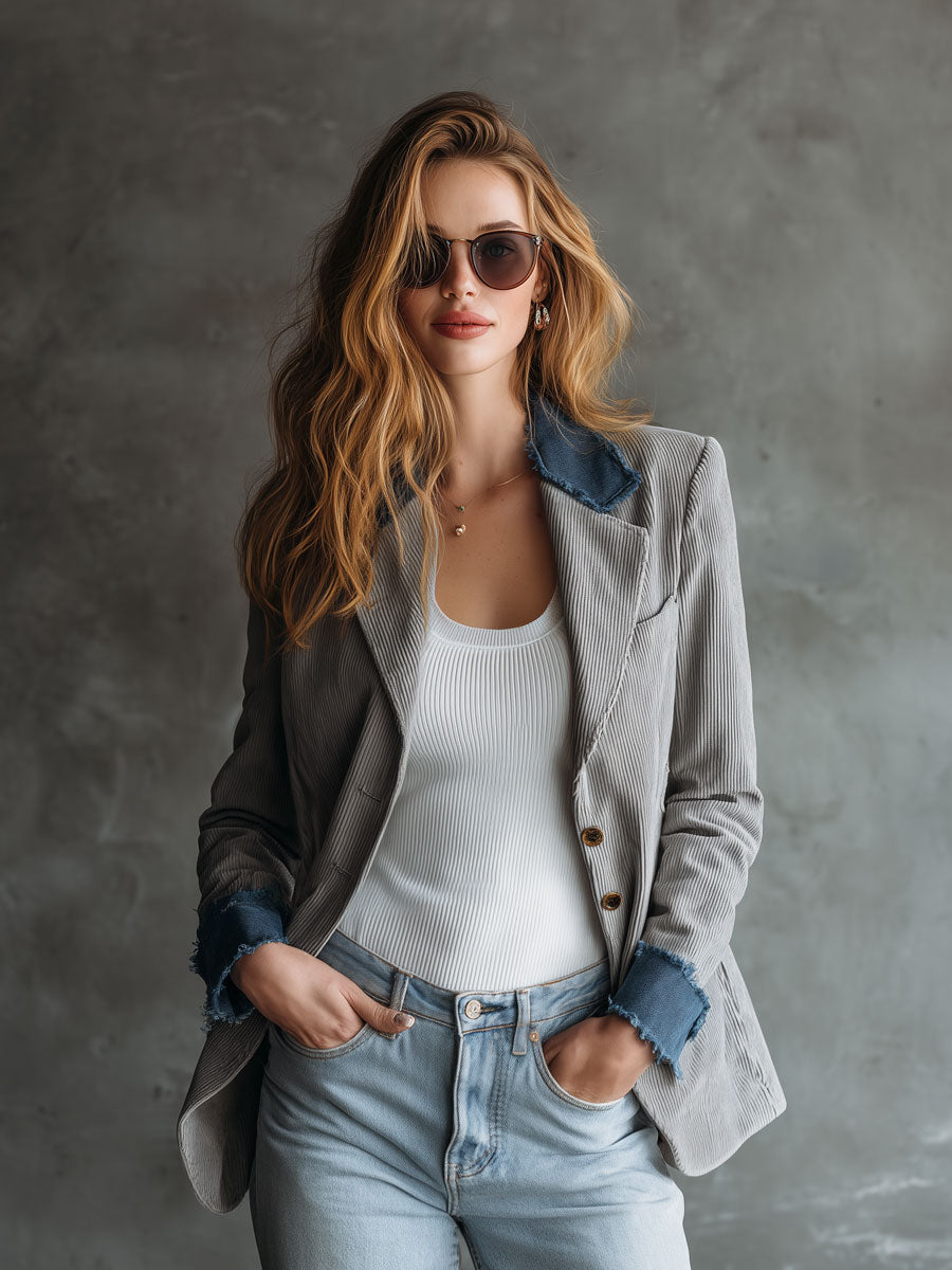 Casual Retro Frayed Blue Denim Gray Corduroy Blazer